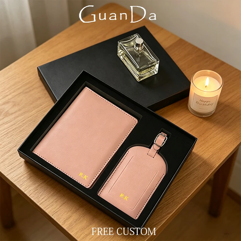 

Набор: роскошный гравированный чехол для паспорта и бирка для багажа с подарочной коробкой, с возможностью нанесения имени, модный кошелек для паспорта из искусственной кожи для путешествий и отпуска