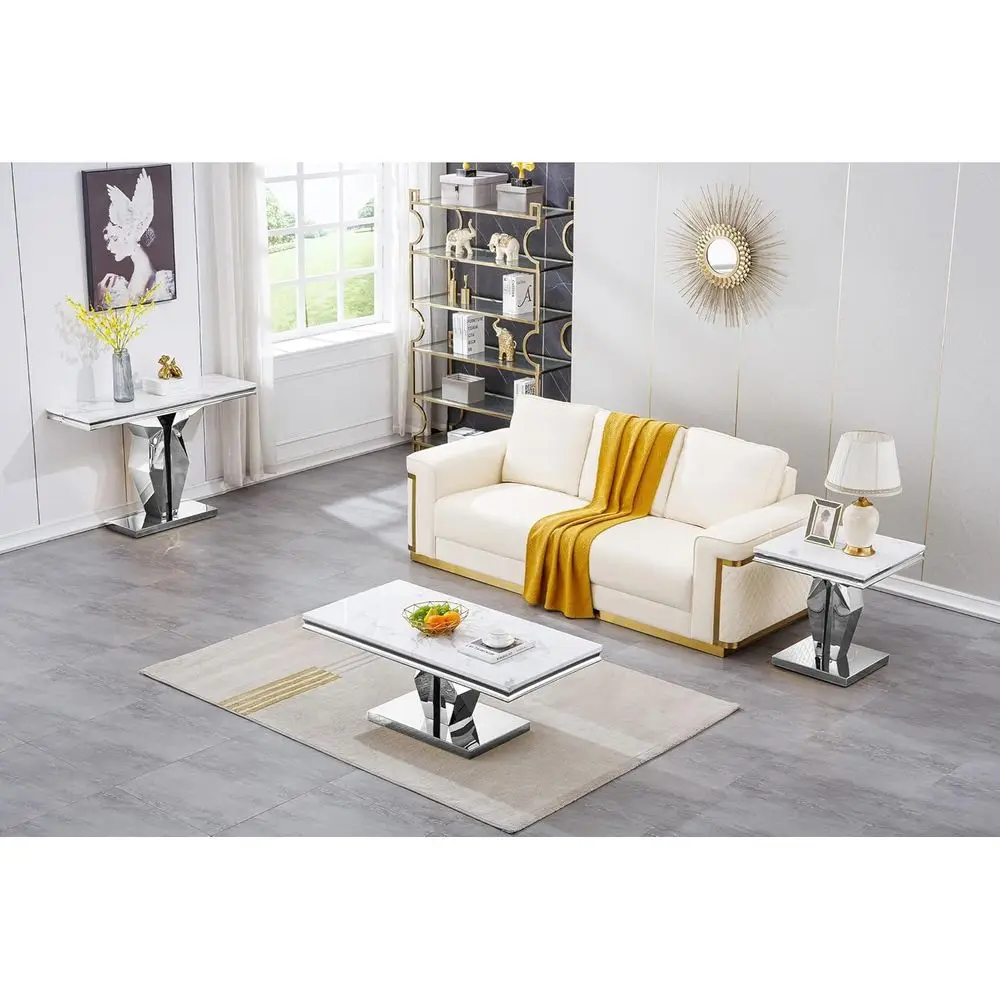 طاولة قهوة أنيقة من الرخام الصناعي الأبيض 47 مع قاعدة مرآة فضية، مثالية لغرفة المعيشة والشقق