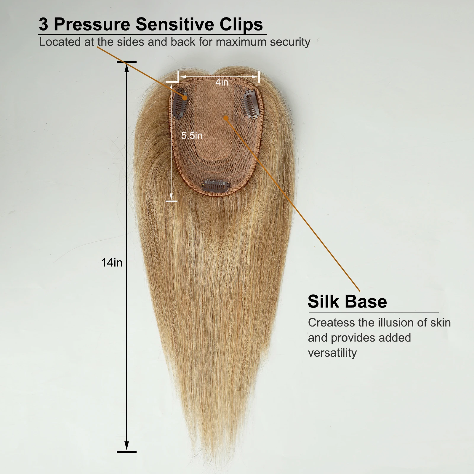 100% Remy Human Hair Toppers for Women Honey Blonde Human Hair Piece with Bang 150% Density Silk Base Clip in Topper 10/12/14\'\'