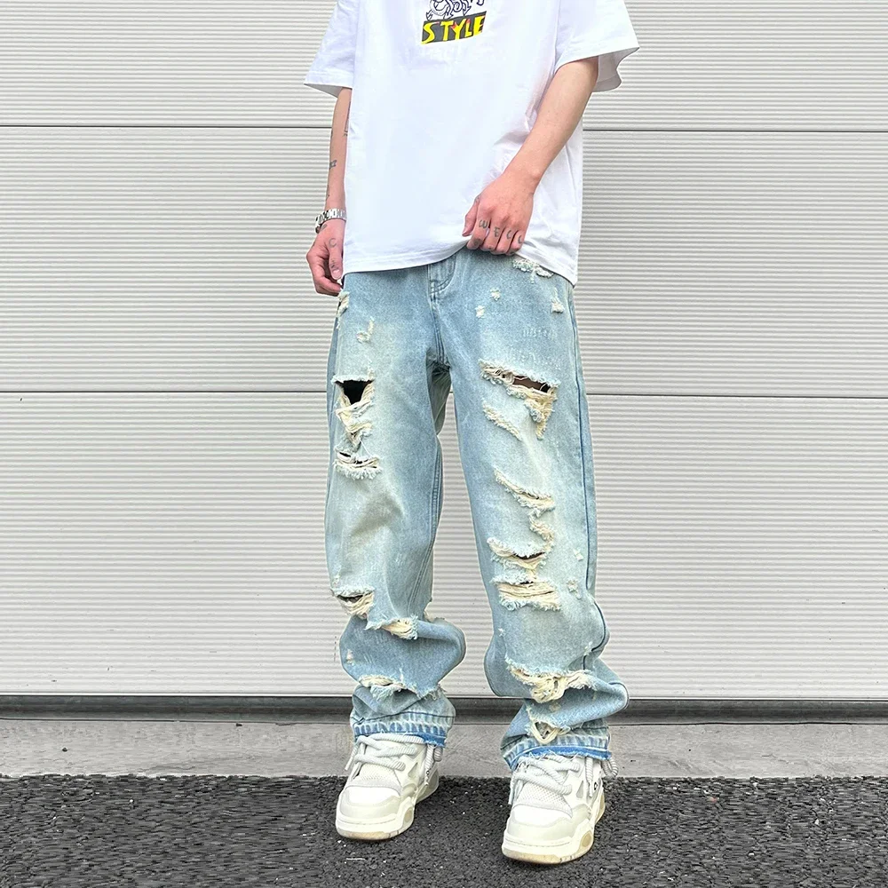 

Washed Blue Oversized Jeans for Men Streetwear Hip Hop Large Destroyed Wide Leg Jeans Baggy Straight Ripped Denim Pants