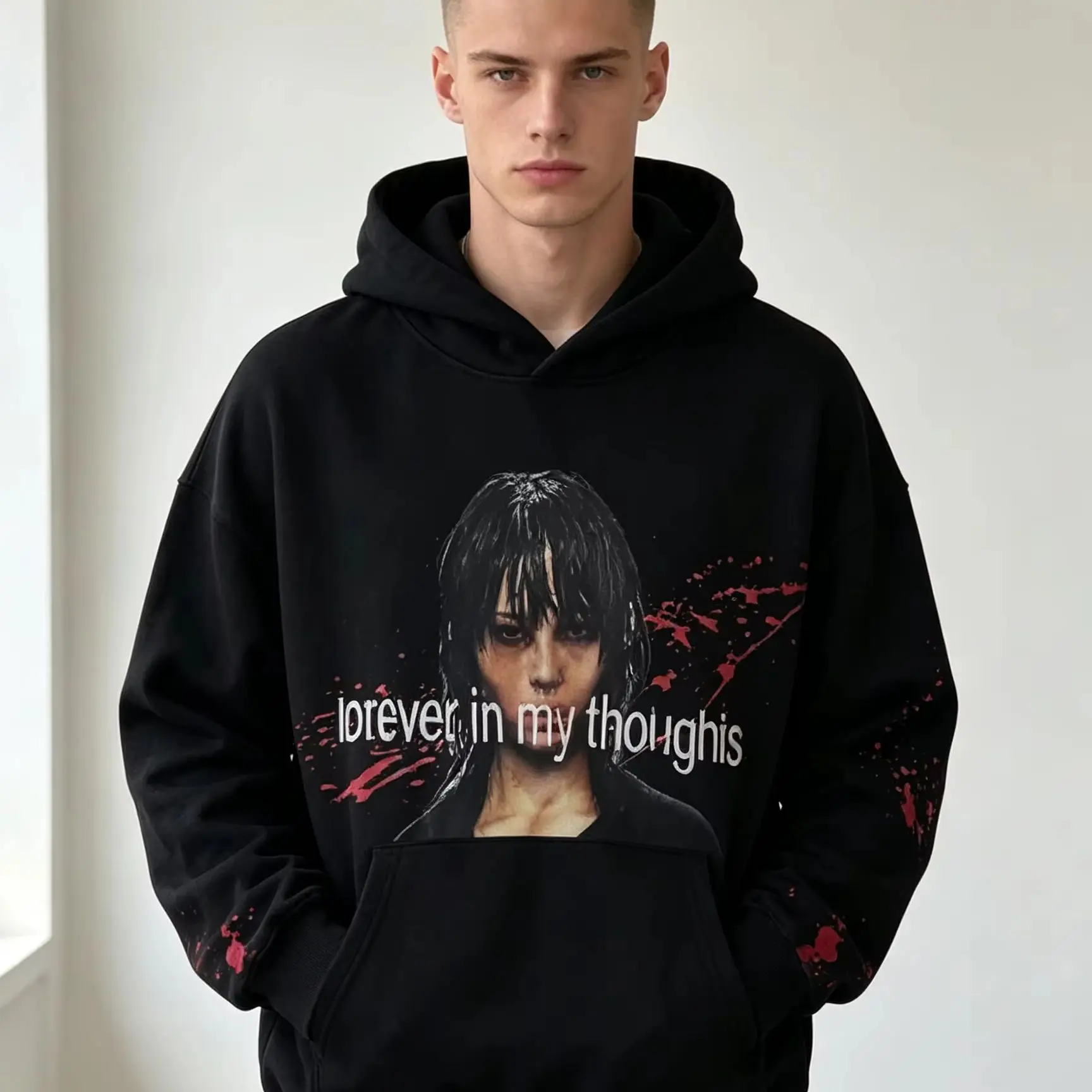 Women's Grey Blood Splatter Portrait Hoodie Oversized Punk Grunge Casual Streetwear Sweatshirt with Letter Print