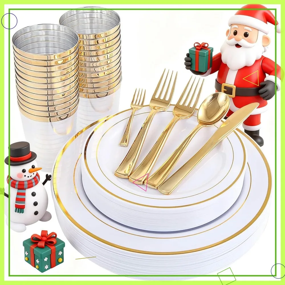 

25-Piece Gold Plastic Dinnerware Set for Christmas and Weddings - Heavy Duty Plates, Forks, Knives, Spoons, Cups