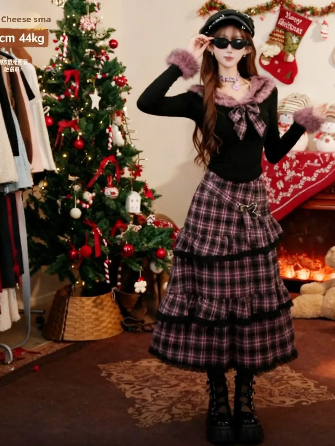 

Корейский комплект с трикотажной юбкой в клетку, женский осенне-зимний теплый ансамбль Faion ort Sve Long Sve в наличии