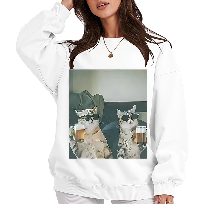 Cool Cat Bere Birra Divertente Meme Felpe con cappuccio per le donne Y2k Stile Streetwear Pullover Felpe Anni '90 Top femminili Abbigliamento unisex