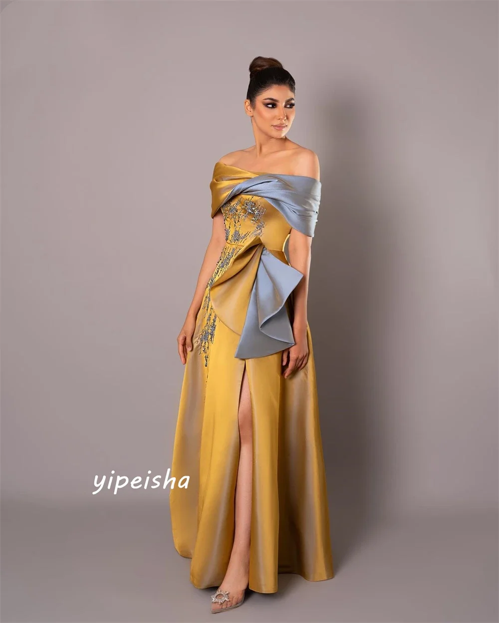 Feminino elegante fora do ombro a linha festa paillette/lantejoulas até o chão cetim noite quinceanera vestidos de noite