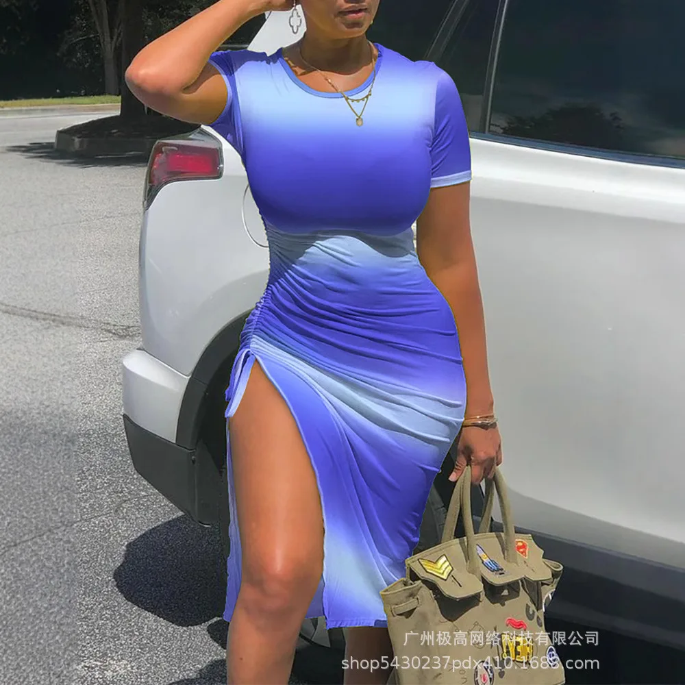 Vestido de verano informal ajustado de manga corta con cordón y cambio Gradual estampado para mujer