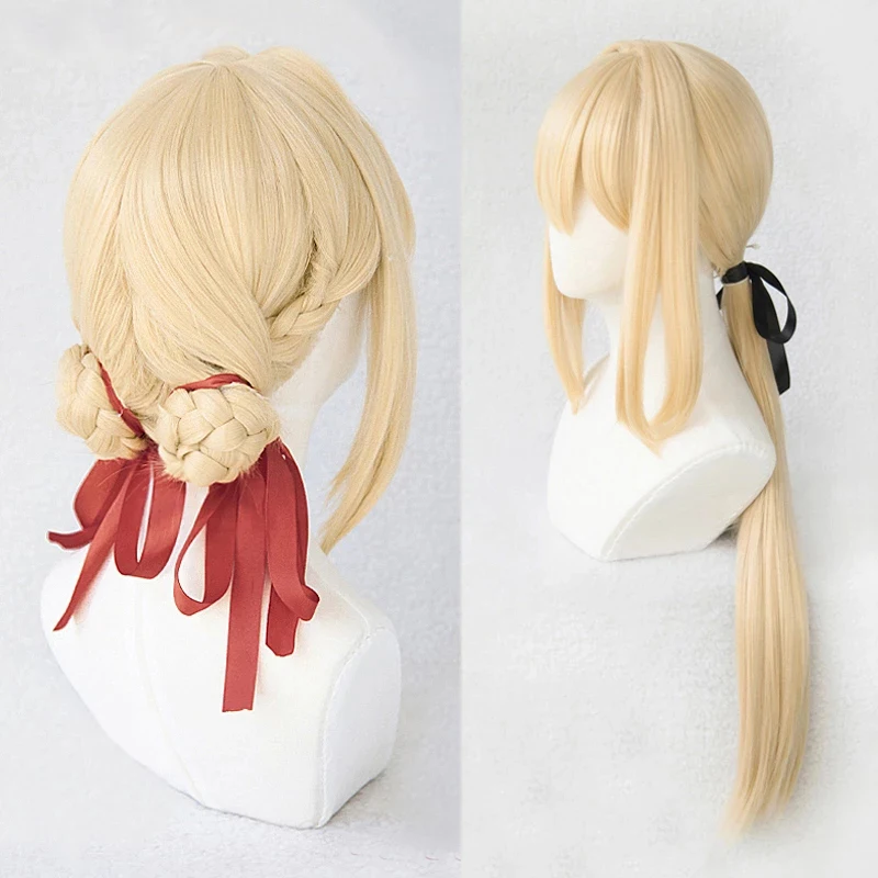 

High Quality Violet Evergarden Cosplay Wig Heat Resistant Synthetic Light Blonde Hair Cosplay Wigs With Ribbon + Wig Cap