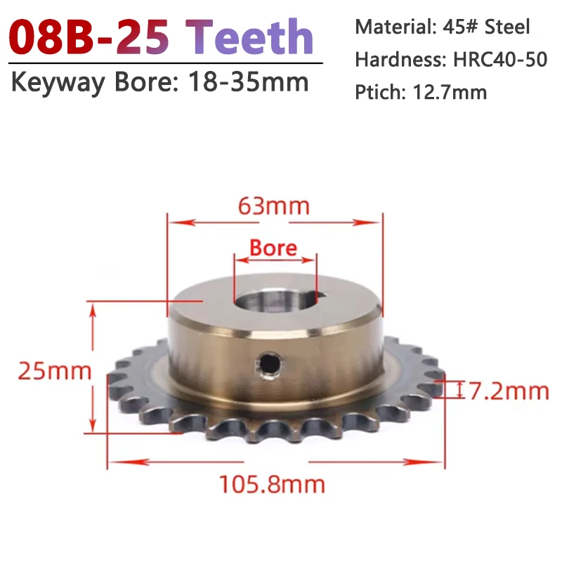 

1pcs 25 Teeth 08B Chain Gear 45# Steel 25T Precision Industrial Drive Sprocket Wheel Keyway Bore 18/19/20/22-35mm Pitch 12.7mm