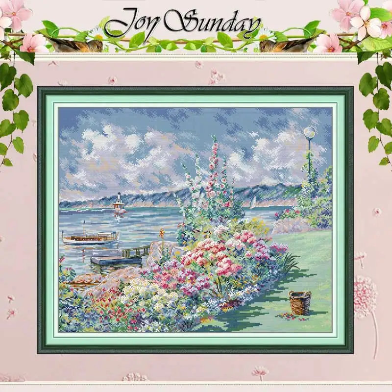 Flower Coast Patterns Counted Cross Stitch Set DIY 11CT 14CT 16CT Stamped DMC Cross-stitch Kit Embroidery Needlework Home Decor