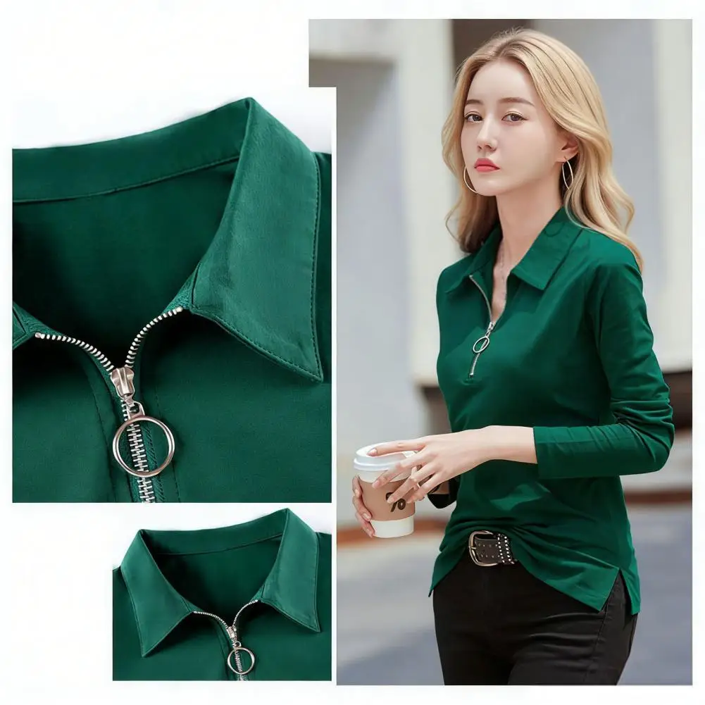 

Fall Spring Clothes Cotton T-Shirt Sexy Turn-down Collar Zipper Women Tops Lady Casual Tees Slim Fit Stretchy Casual Tee Shirt