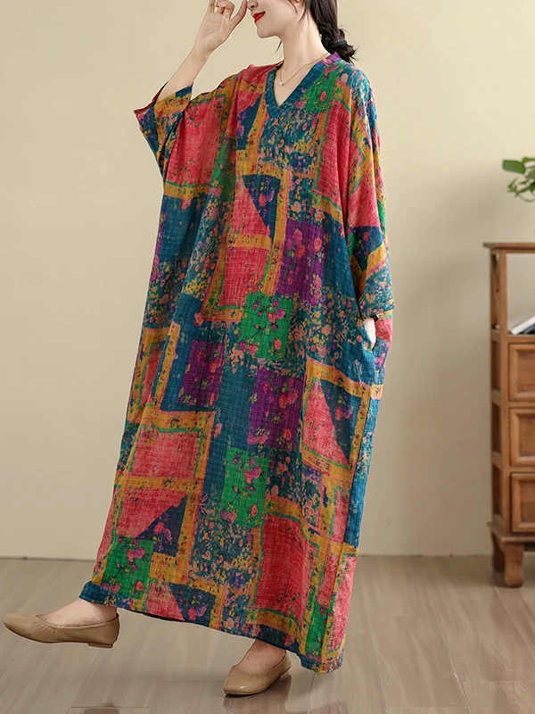 plus Size Cotton Linen V-Ne Travel Casual Long Dr Meat Concealing Vintage Sle Holiday Wind New Model Full Coverage Gown