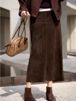 Retro High Grade Suede Real Leather Long Skirt 80cm For Women Upgraded Imported  Jupe Back Split Waist Loop Faldas Ankle-Length 4