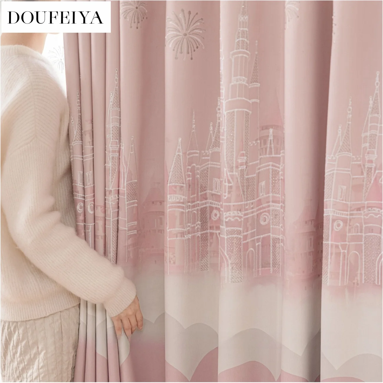 Custom Size Fairy Tale Castle Embroidery Snow Neil Curtains Cotton Curtains Pink Shade Curtains for Living Dining Room Bedroom