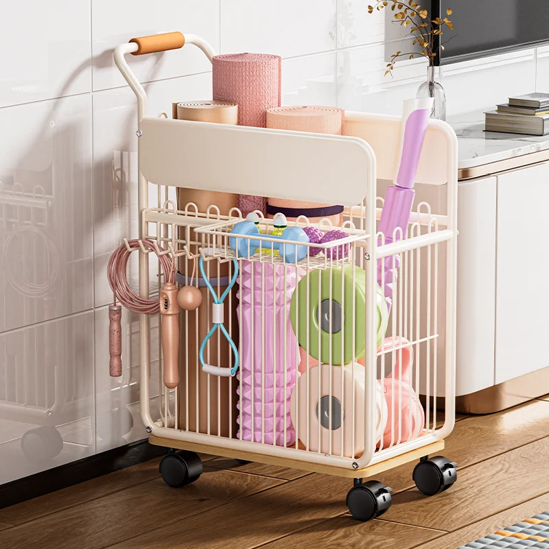 Wheeled Yoga Mat Dumbbell Storage Basket Heavy-Duty Kettlebell Organizer Large Capacity Badminton Rack Holder Gym Equipment Rack
