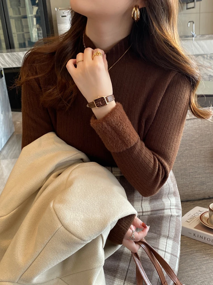 2025 Autumn Winter Thick Semi High Neck Bottoming Sweater for Women Warm Long Sleeved Faux Mink Fur Sweater Elegant Pullover