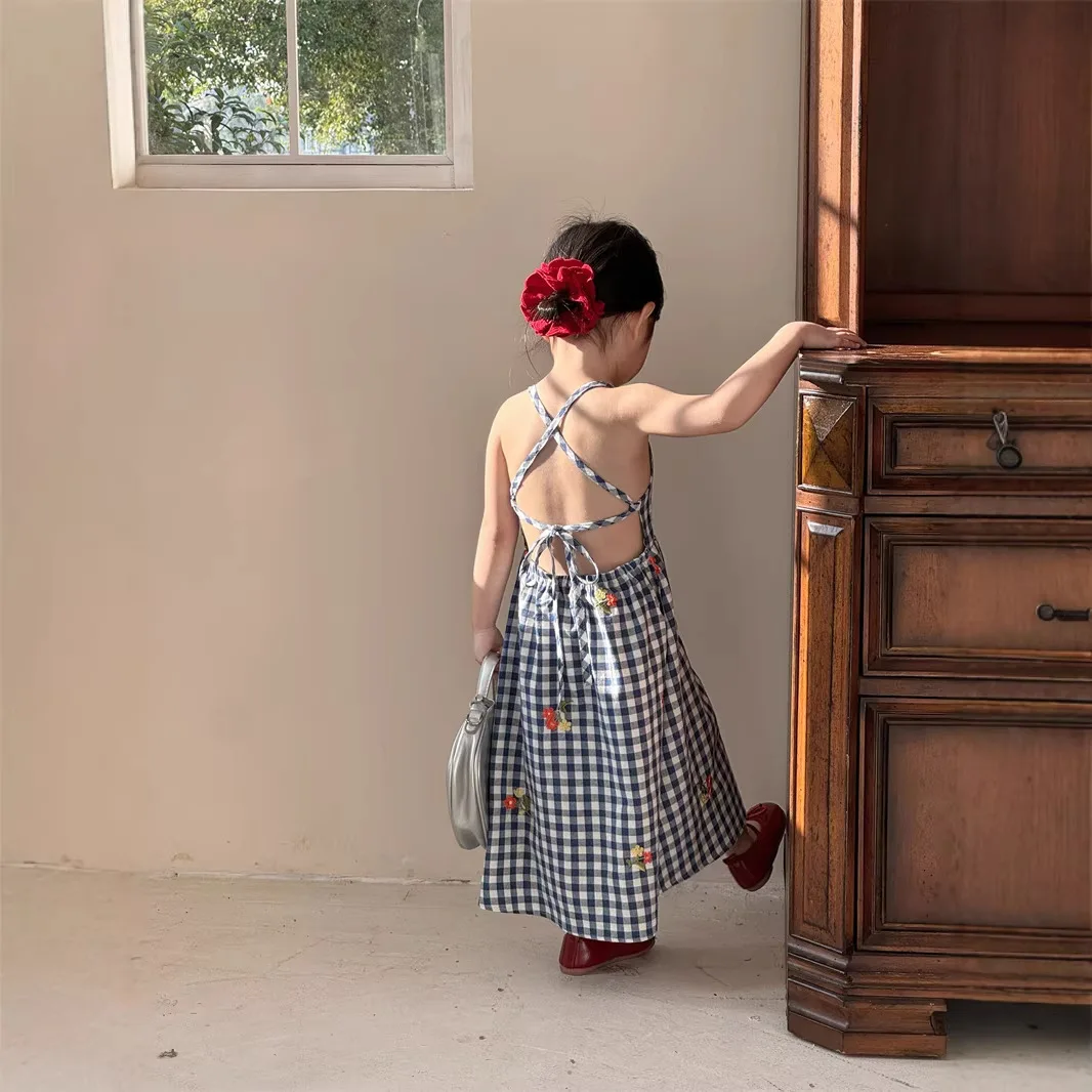 Dress Backless Long-length Fully Embroidered Floral Blue Check Slip Dress Princess Grils Children Fashionable Summer