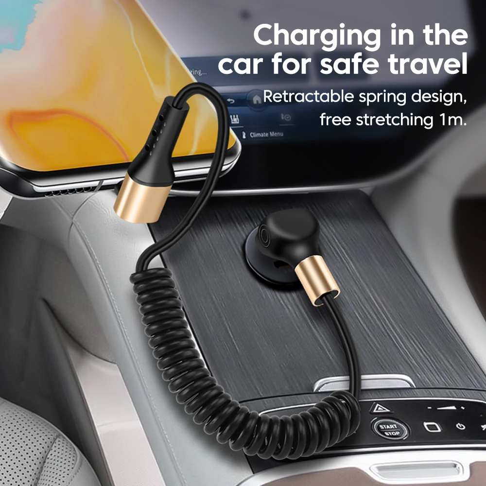 Câble à ressort USB vers Type C, coude à 90 degrés 6A, pour iPhone 15 16, avec Carplay, 1M, rétractable, 66W, USB C, charge rapide, câble de données