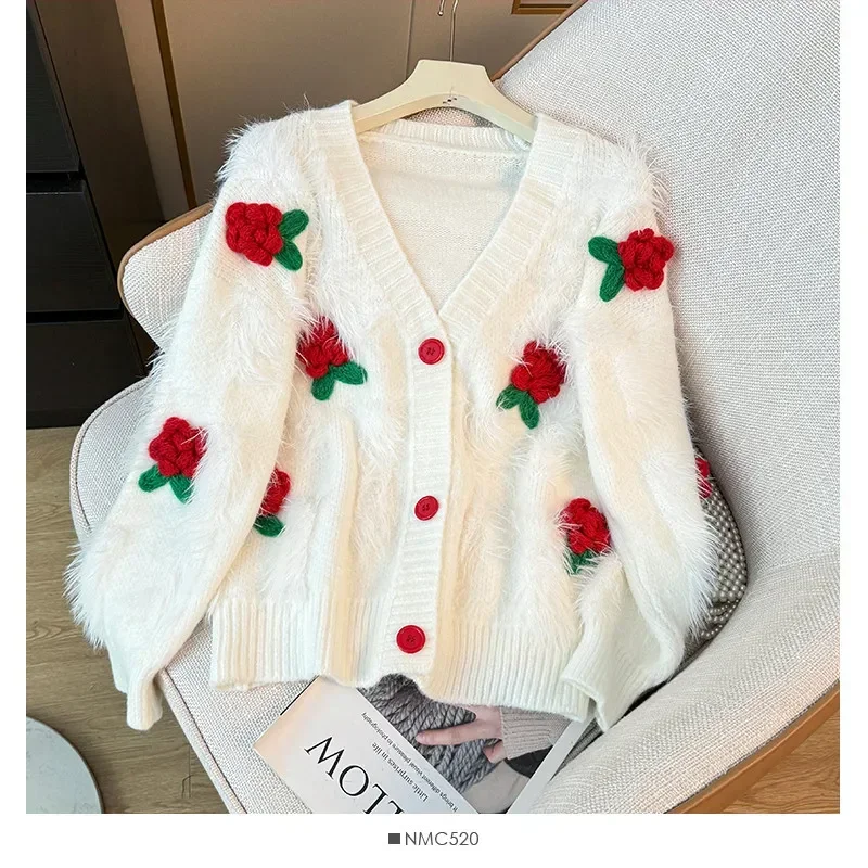 Sweet Rose Flower Loose V-neck Loose Fuzzy Sweater Jumper 2025 New Fashion White Knitted Cardigan Women Long Sleeve Fluffy Top