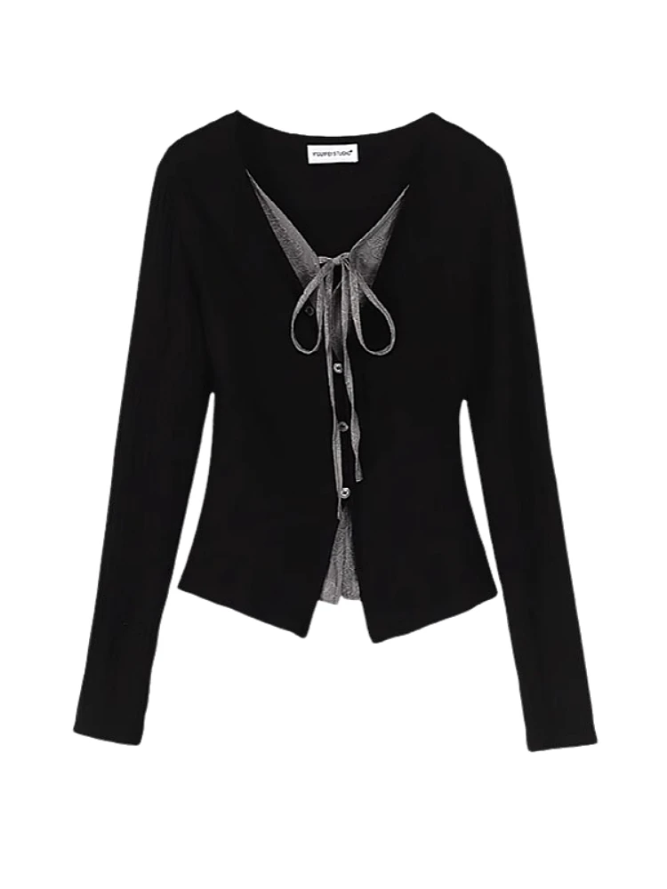 

Vintage Contrast Tie Faux 2PCS Women's Fall Fashion V-Neck Cardigan Slim Fit Long Sleeve Crop Top Stylish Casual Blouse