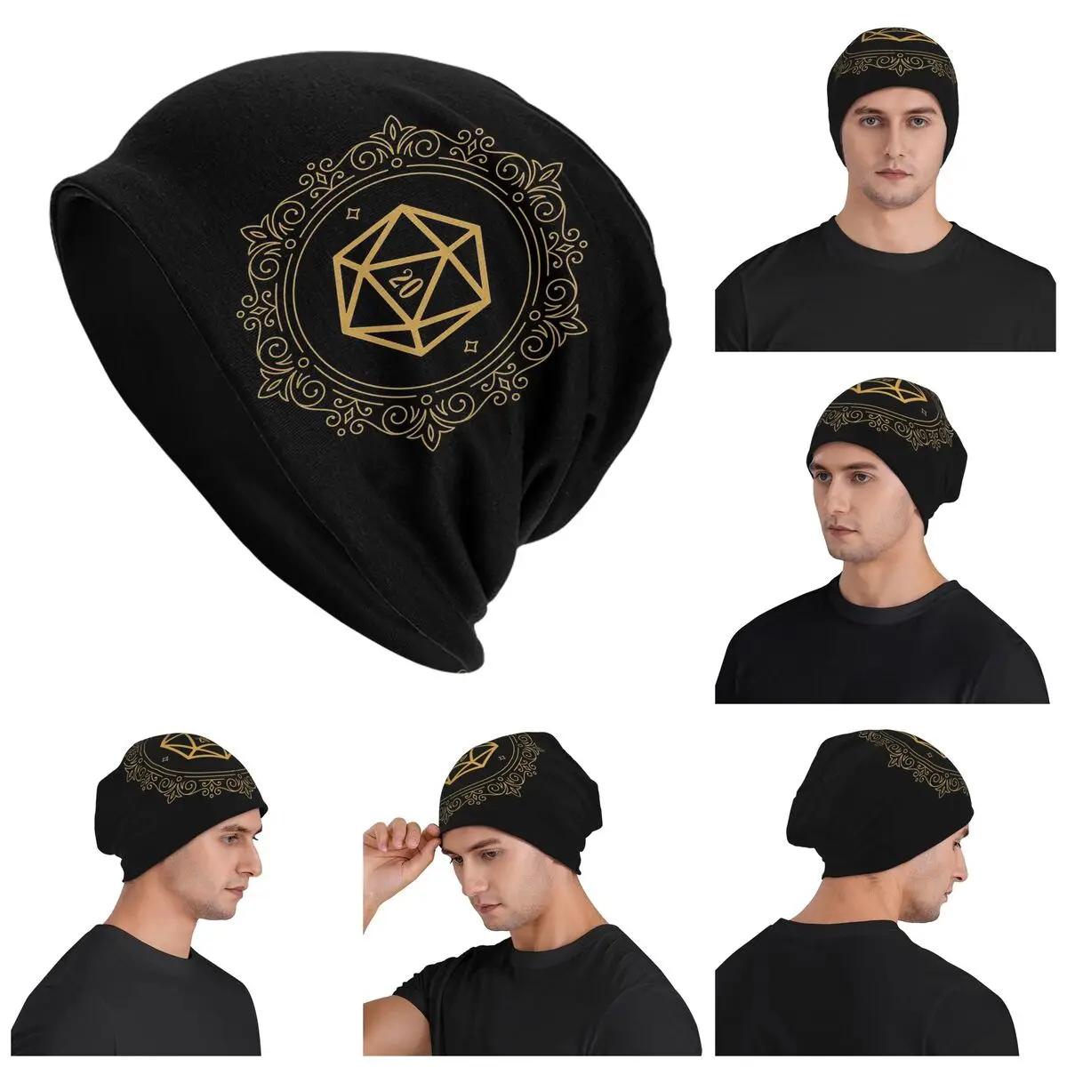 

Polyhedral D20 Dice Monogram Bronze Tabletop RPG Warm Knitted Cap Hip Hop Bonnet Hat Autumn Winter Beanies Hats for Men Women