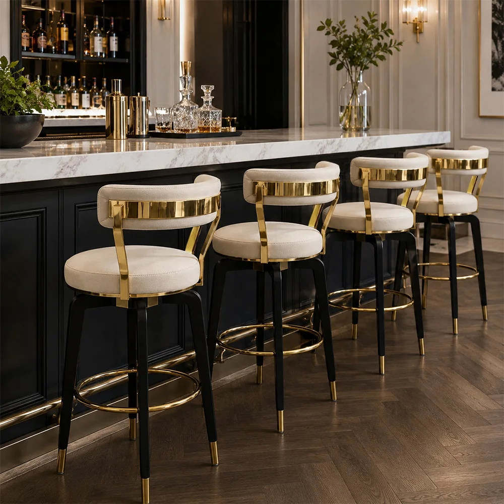 Modern Swivel High Bar Stool Durable Commercial Home Bar Hotel Kitchen Cafe Indoor Luxury Wood Base Bar Furniture High Chairs