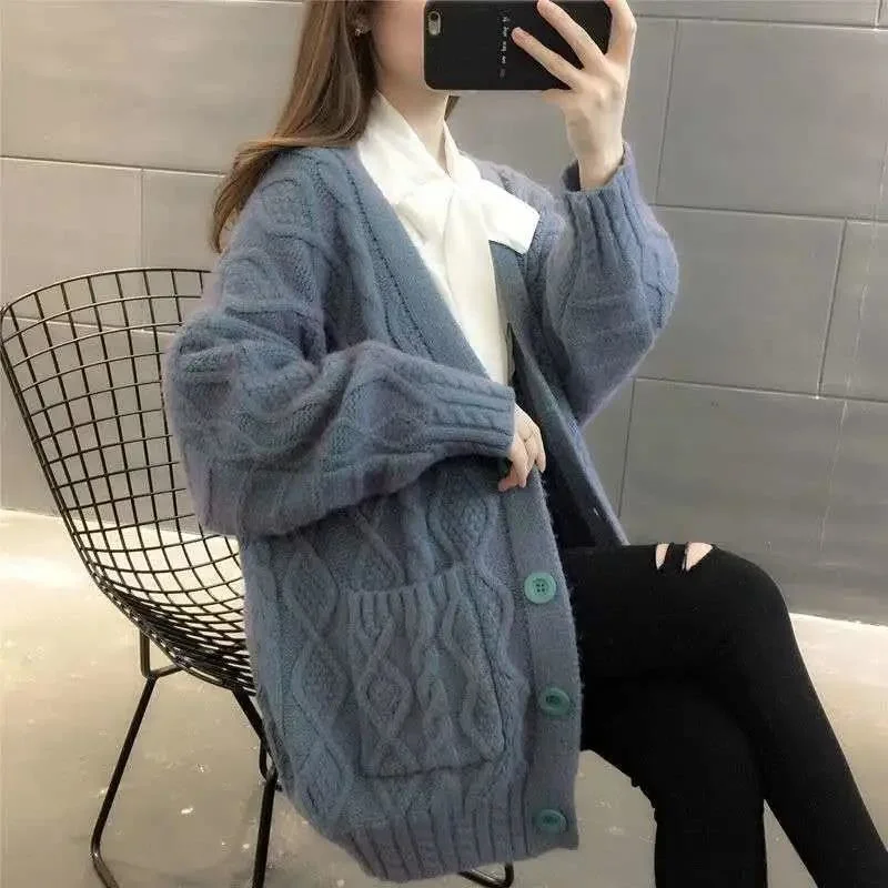 

Sweaters Women Knitting Cardigans Casual V-Neck Long Sleeve Daily Solid Color Fashion Loose Single Breasted Sweater Cardigan