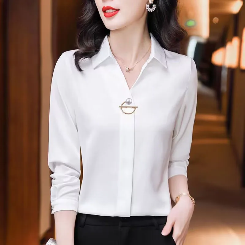 

Elegant Women Chiffon Blouse 2025 New Temperament Turndown Collar Office Lady Shirt Streetwear Casual Solid Color Tops Clothing