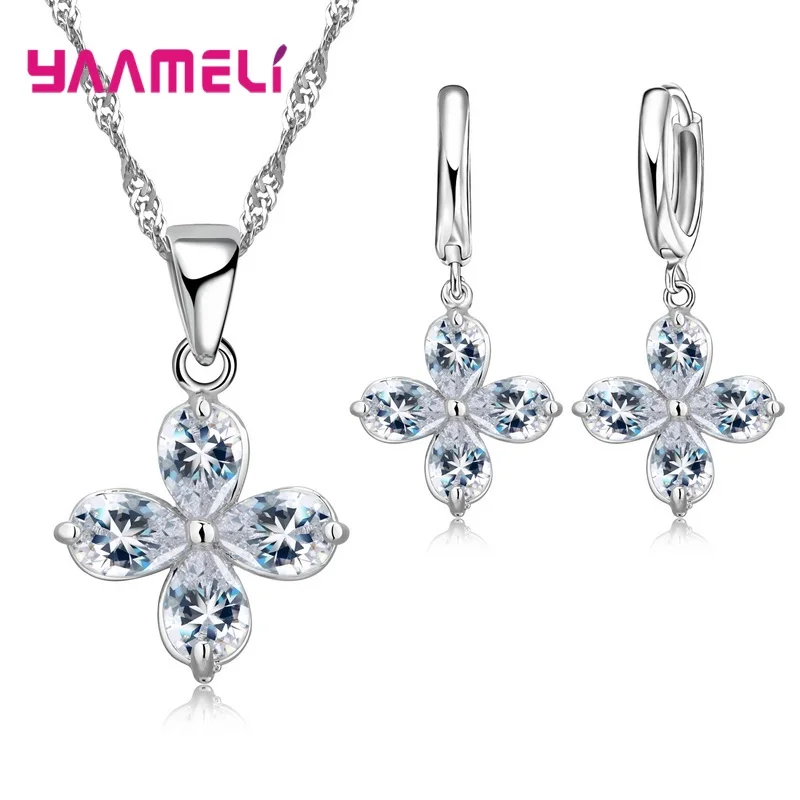 Shiny Crystal Zircon 925 Silver Different Style Pendant Necklace Earring Jewelry Set Noble Fashion Elegant for Women Girl Gift