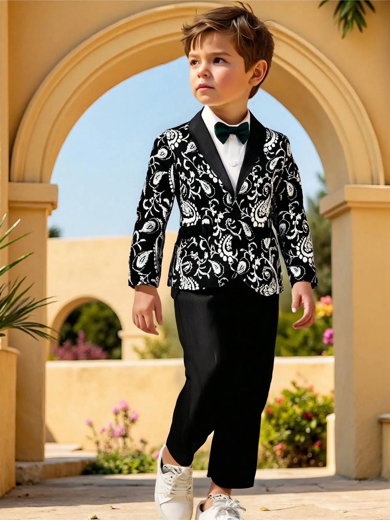 

Boys Formal Suit Jacket with White Floral Pattern, Black Pants