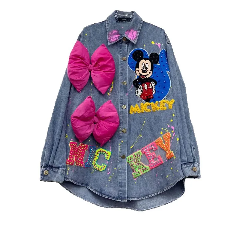 

Модные новые весенне-осенние свободные женские джинсовые куртки с милым 3d бантом и бусинами, вышивка Микки, кардиганы средней длины с длинными рукавами, топ 2026