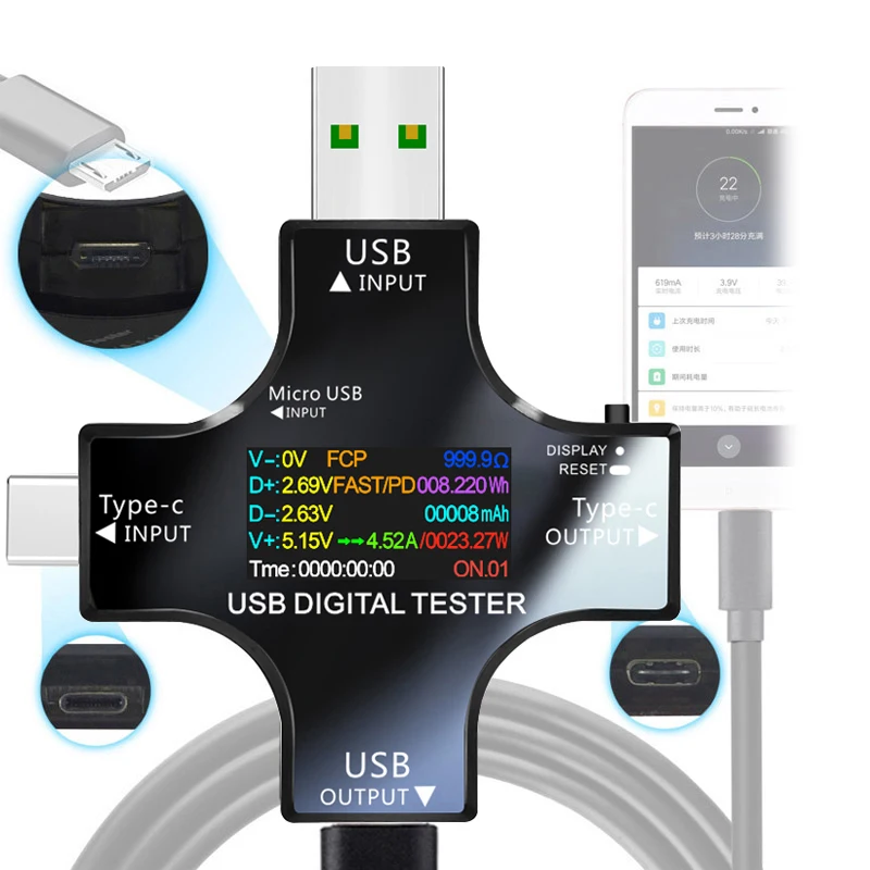 Цифровой USB-тестер, вольтметр-Амперметр TFT с цветным Bluetooth Type-C PD