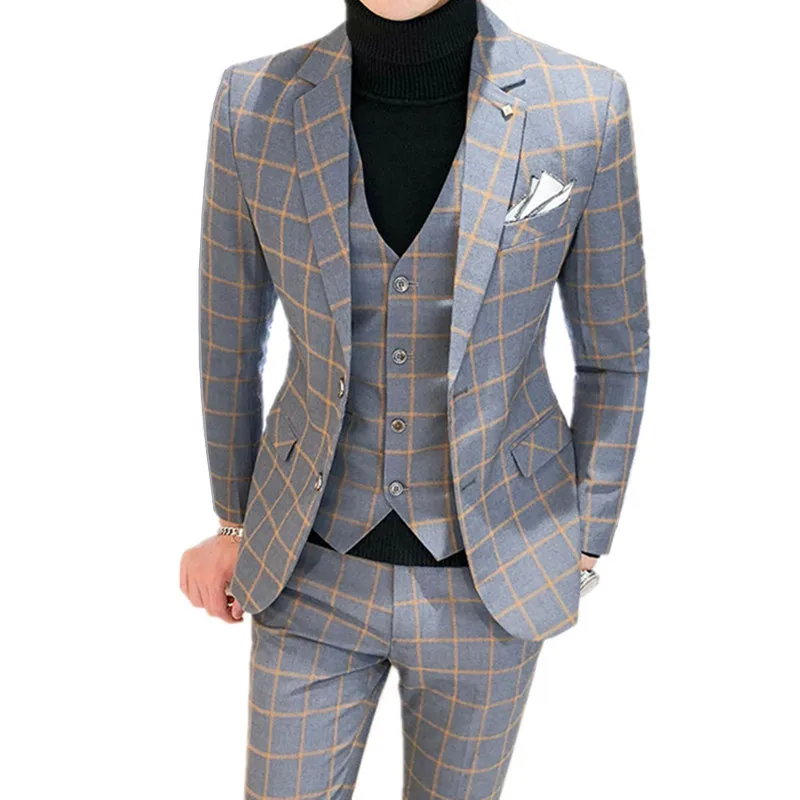 Men Dress Blazers Pants Vest 3 Piece Set / Male Wedding New 2023 Autumn Business Formal Plaid Suit Luxury Slim Fit Coat Trousers