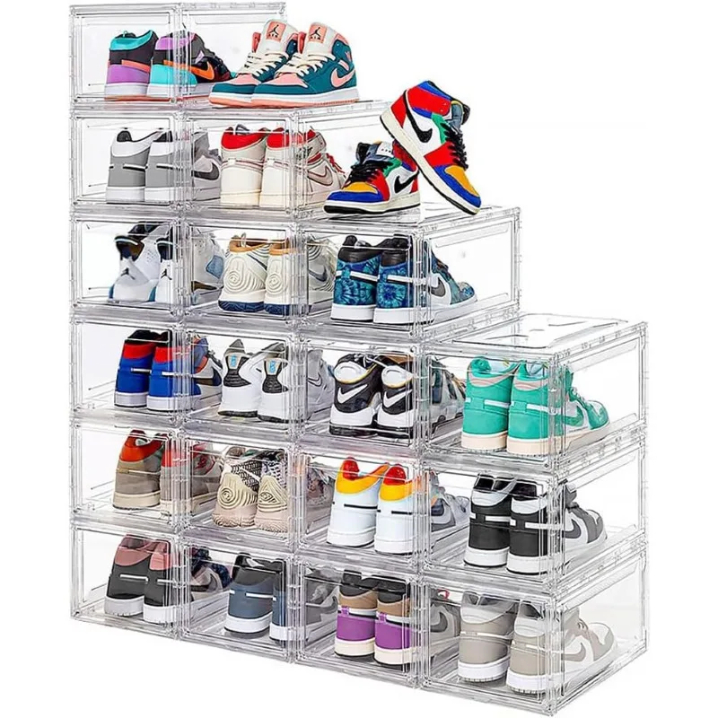 12 Pack Acrylic Clear Shoe Boxes - Professional Grade Magnetic Door Shoe Displays.