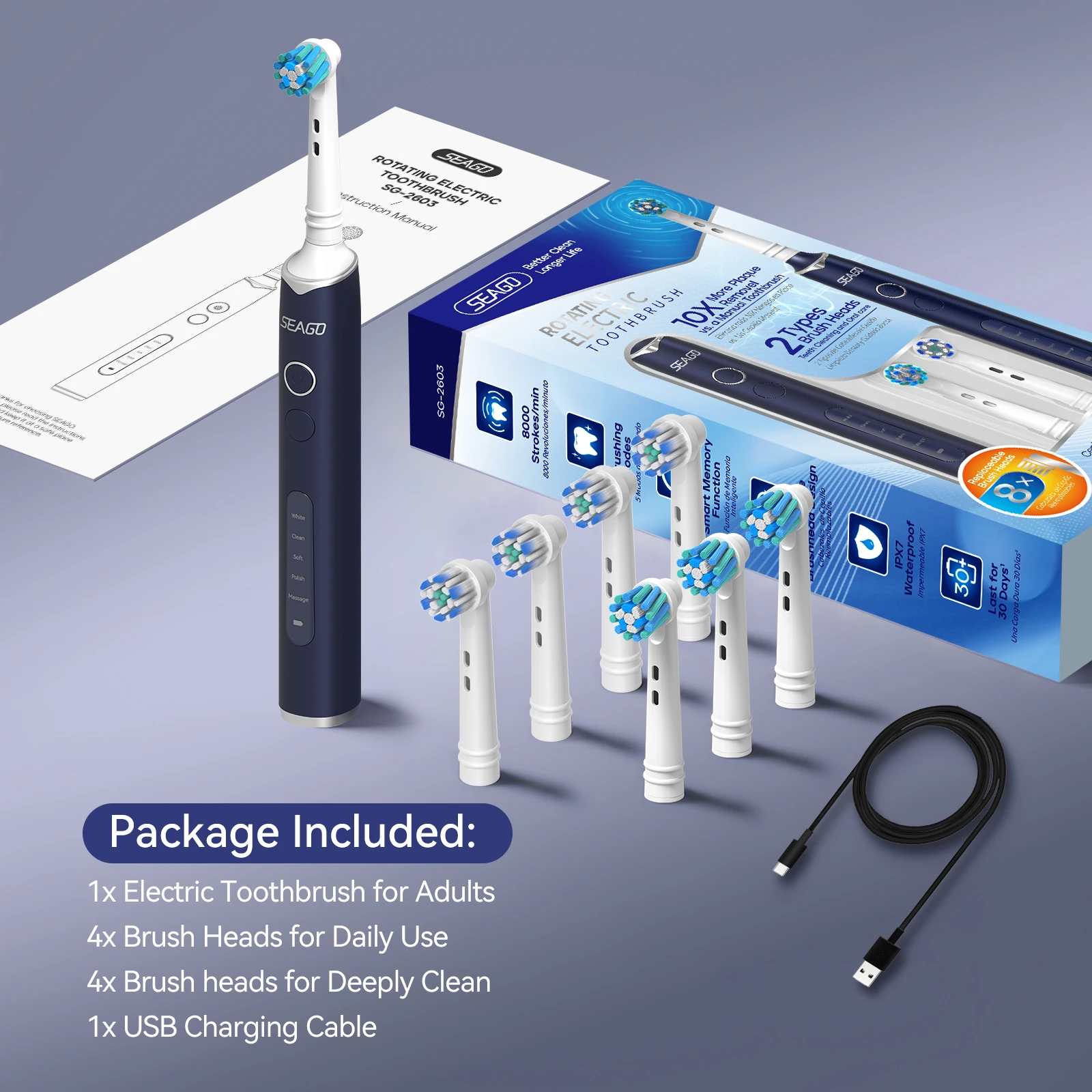 Seago Rotating Electric Rechargeable Toothbrush Teeth Cleaning with 8 Brush Toothbrush Heads 5 Modes Portable Smart Timer