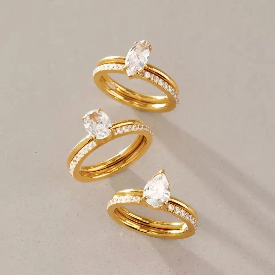 Geometric Zircon Ring For Women 18k Gold pvd Plated Stainless Steel Stackable Rings Rhinestones Rings Sets for Woman Gold