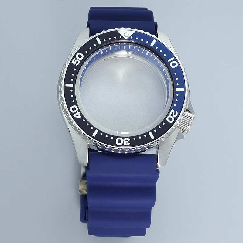 

42.5mm 007 Men Watch Case Sapphire Glass Rubber Strap Fit Seiko nh35 nh34/38 Movement 28.5mm Dial 3.8 o'clock blue chapter Ring