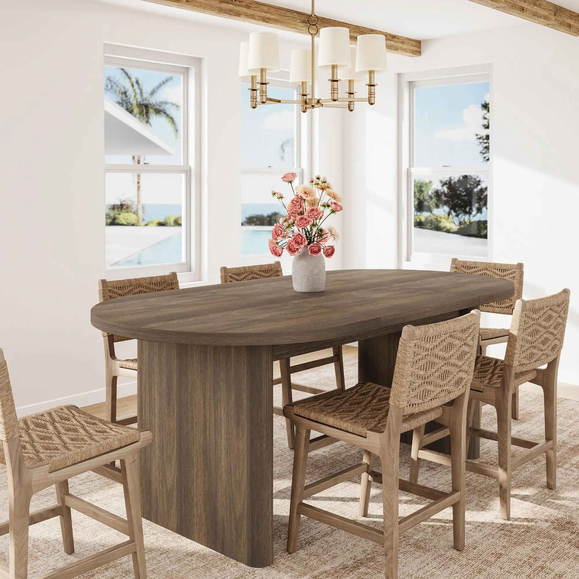 Modern Farmhouse Oval Dining Table for 4-8 – Thick Sturdy Wooden Base – Spacious for Kitchen, Dining Room, Living Room, Office Brown