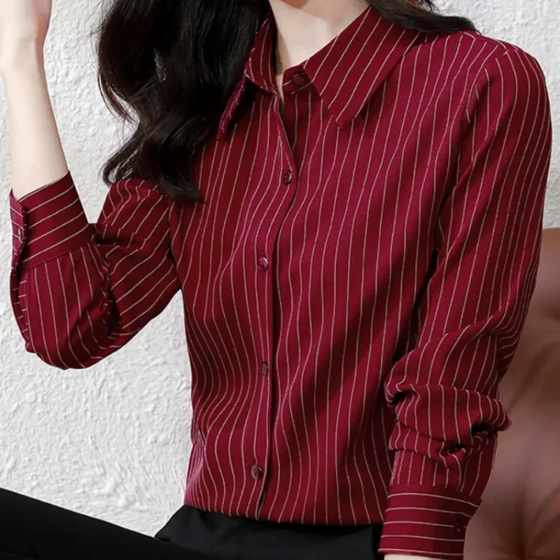 Striped Women Shirt Korean Fashion Female Clothing Long Sleeve Blouse Button Up Shirts Womens Tops OL Chiffon Blouses for Women