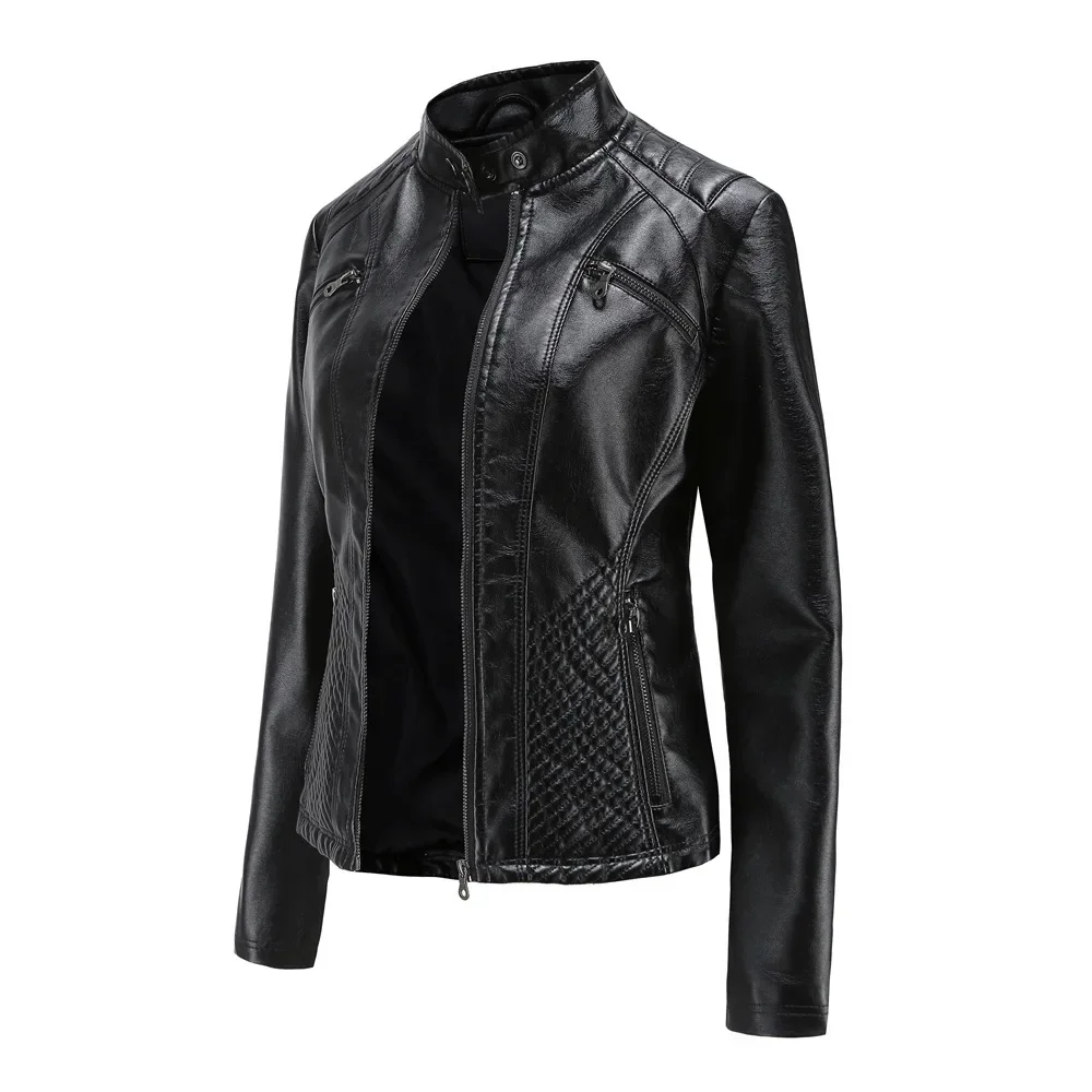 Manteau femme mode tendance Simple automne hiver col analogique fermeture éclair en cuir PU veste de moto pour les femmes