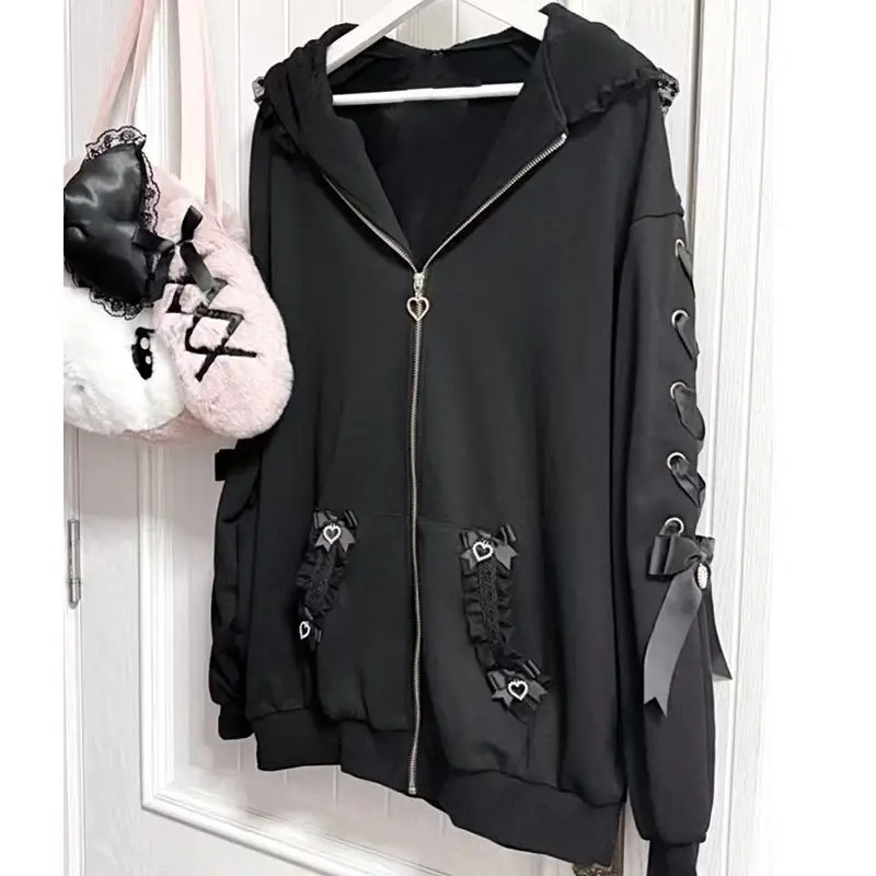 

Harajuku Hoodies Jacket Women's Clothing Cute Rabbit Ears Y2k Coats Roapa Mujer Casual Fashion Bandage Lace Oversized Sweatshirt