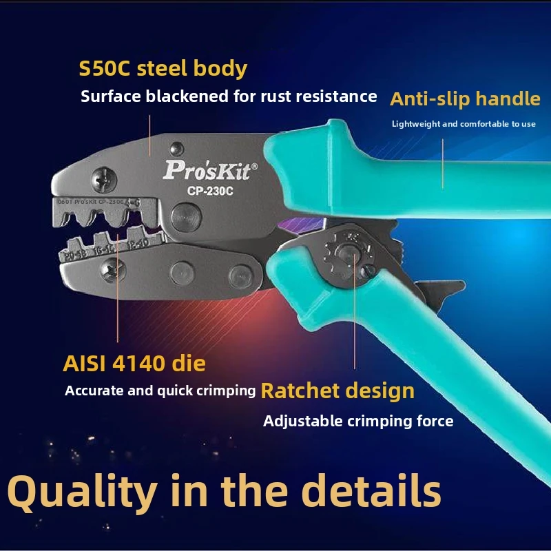 Pro'sKit CP-230C Splice Bare Terminal Ratchet Crimping Pliers, Cold Press Terminal Crimper, Special for Electricians