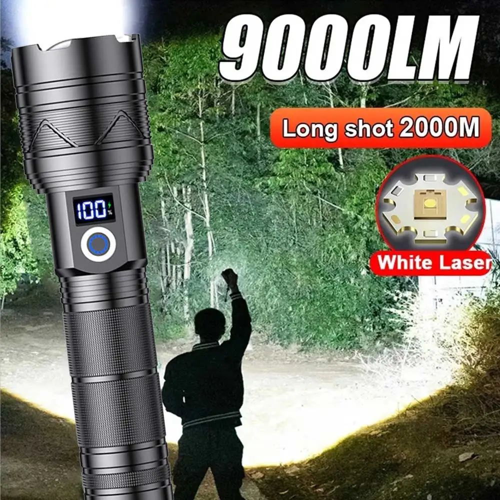 

9000000LM White Laser led Ultra Powerful Flashlight USB C Rechargeable High Power Tactical Telescopic Lantern with Power Display