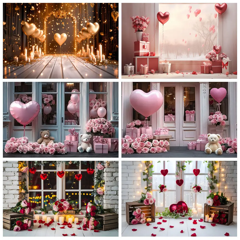 

Valentine's Day Photography Backdrops Window Flower Red Love Heart Brick Wall Wedding Party Background Decor Photo Studio Props