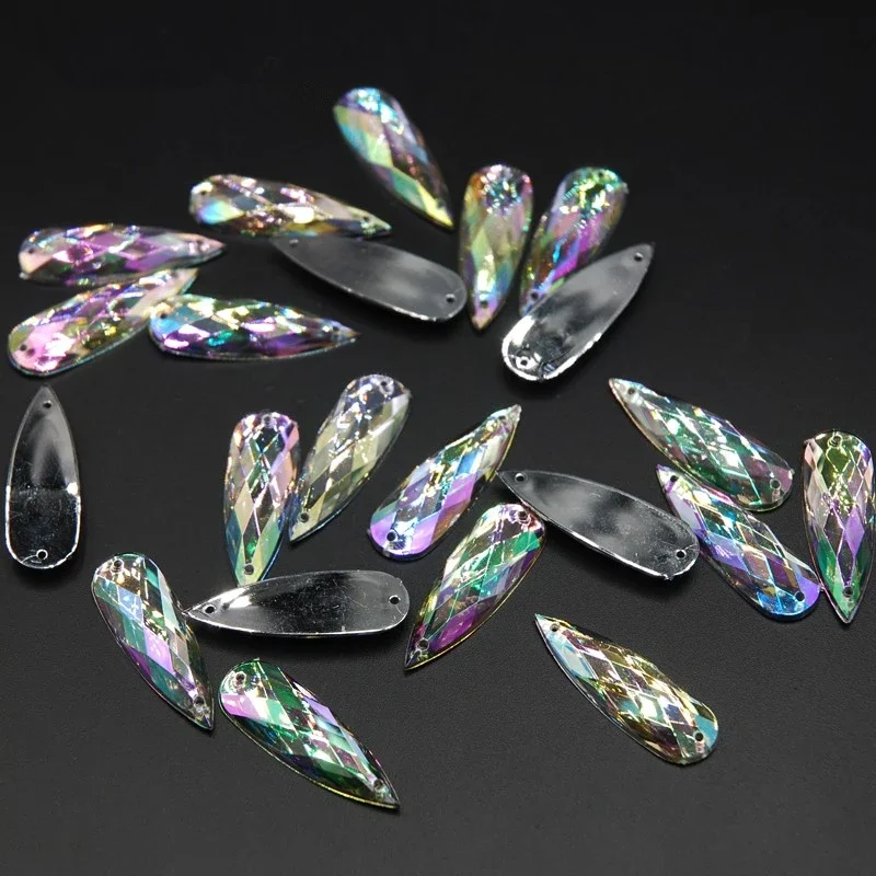 10*30mm 50pcs Crystal Clear AB Sew On Acrylic Drop Rhinestone Flat Back 2 Holes Sewing Handmade Strass Crystal Stones