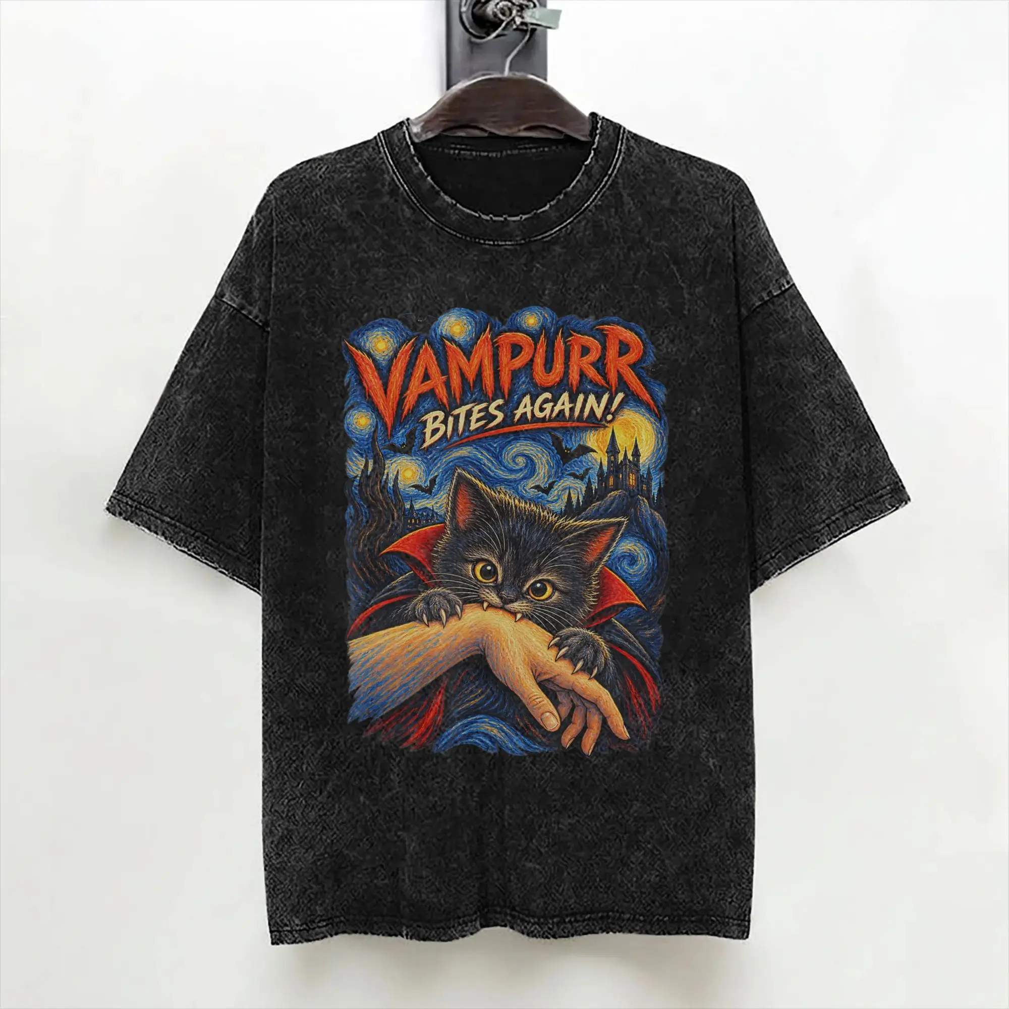 Vampurr Bites Again Halloween Vampire Cat Washed T Shirt Streetwear  T-Shirt  Tee Shirt Men Women 100% Cotton Harajuku Summer