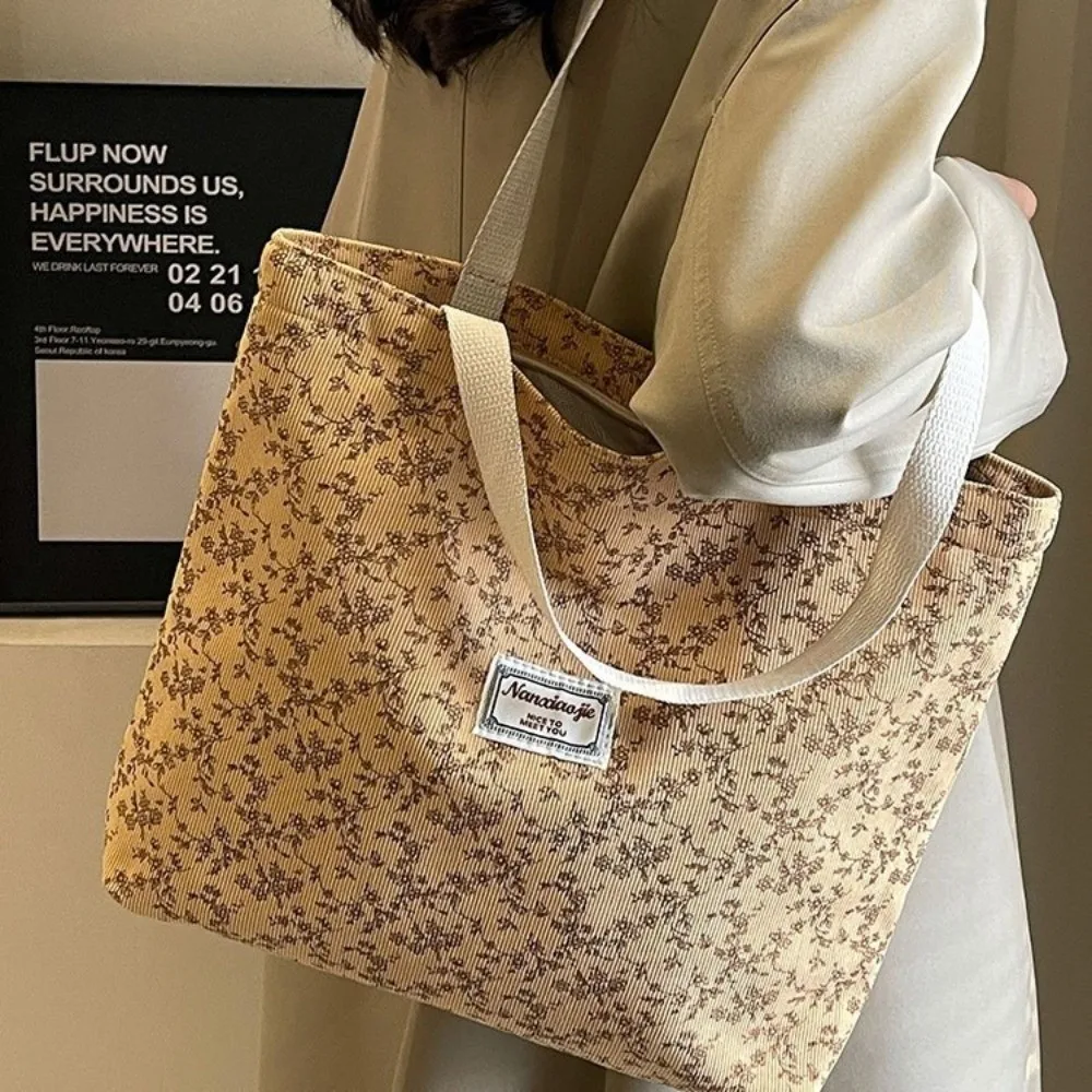 

Durable Soft Shoulder Bags Tender Color Large Capacity Floral Designed Bags Corduroy Fabric Sweet Style Casual Bags Commuting