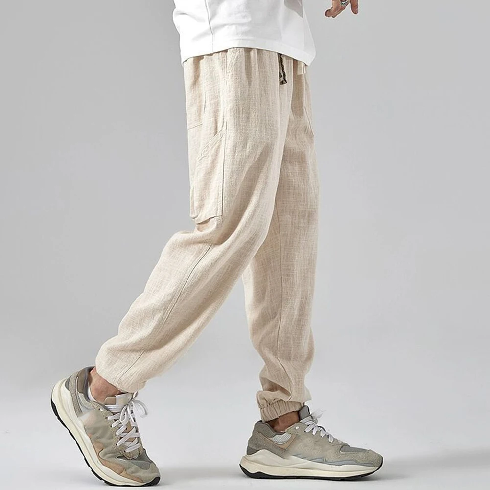 Mens Linen Casual Pants Drape Simple Leggings Thin Trendy Ice Silk Trousers