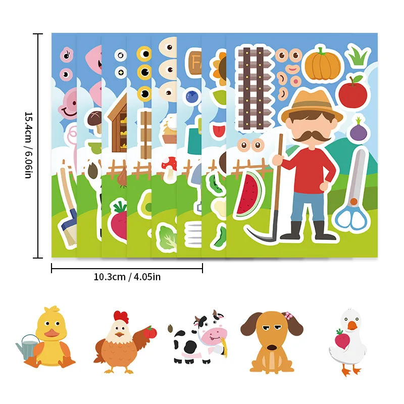 8/16sheet Animal Farm Make a Face Puzzle Stickers Kids Funny Professional Dress Change Cartoon DIY Decals Boys Girls Party Toys
