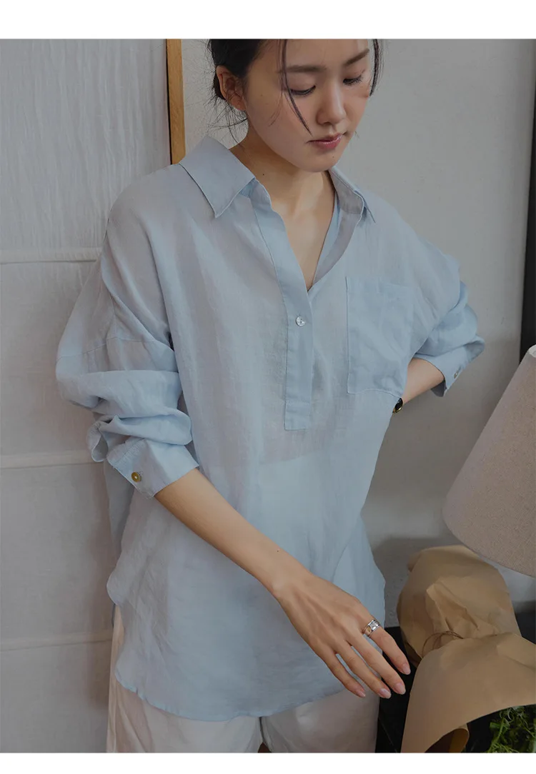 

Весенне-летняя женская повседневная свободная рубашка с V-образным вырезом и длинными рукавами, однотонная.