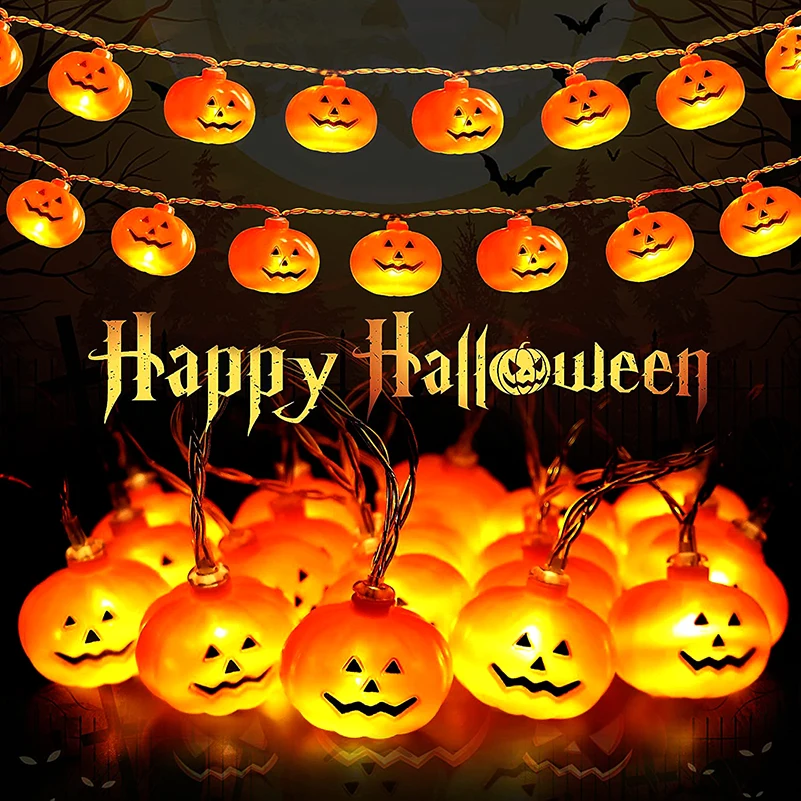 10/20LEDs Halloween Pumpkin Shape String Light Battery Powered Hanging Ornament Cute Jack-O-Lantern Lamp Scary Party Decorations